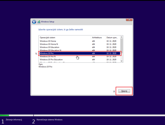 Namestitev Windows 10 Pro Različice preko usb ključka