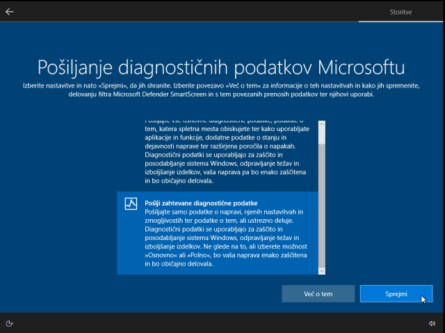 Pošiljanje diagnostičnih podatkov Microsoftu