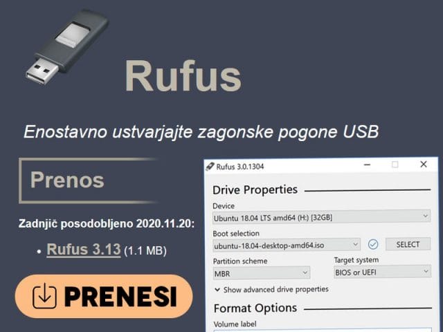 Prenesi Rufus za Bootable Windows USB Kljucek