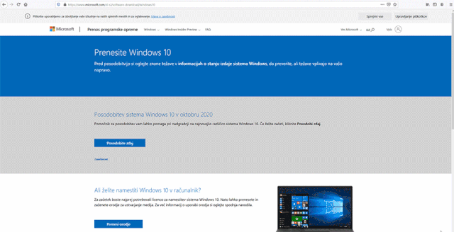 Pridobitev Windows 10 iso datoteke preko uradne spletne strani microsoft