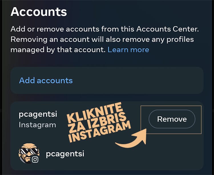 Accounts Control Center kjer lahko izbrišete vaš instagram profil