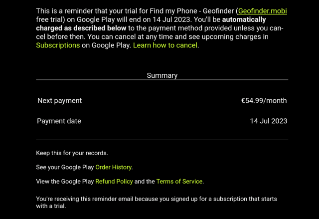 Google opozorilo prek ponovnim plačilom za storitev GeoFinder Ne pozabite odjaviti če ne potrebujete!