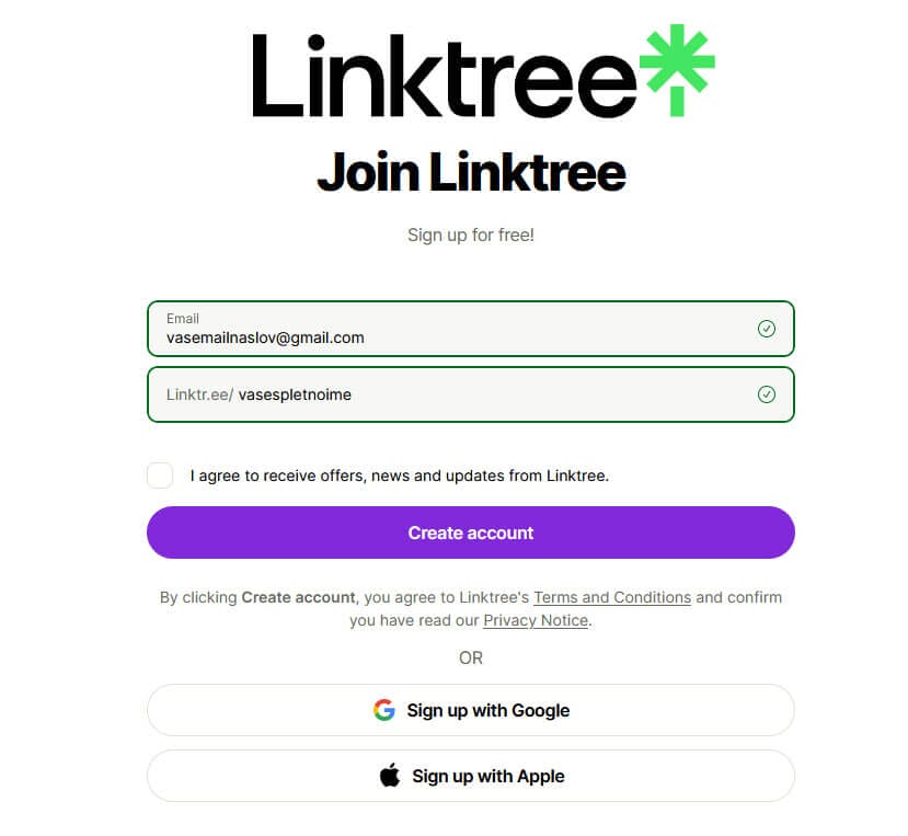Prijava na spletno platformo linktree