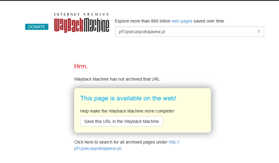 Waybackmachine nima podatka Spletna domena in stran je nova