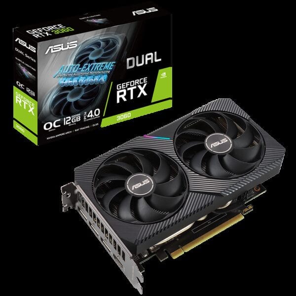 ASUS Video Card NVidia Dual GeForce RTX 3060 V2 OC Edition 12GB GDDR6 VGA with two powerful Axial-tech fans and a 2-slot design for broad compatibility